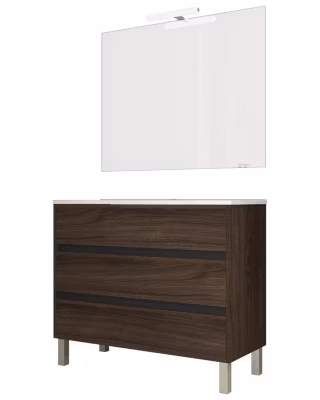 Ensemble de salle de bain meuble 100cm STAY THREE EDGE bois foncé – Vasque – Miroir – Applique