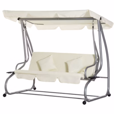 Balancelle de jardin 3 places convertible toit inclinaison réglable 2 tablettes support acier époxy gris polyester crème