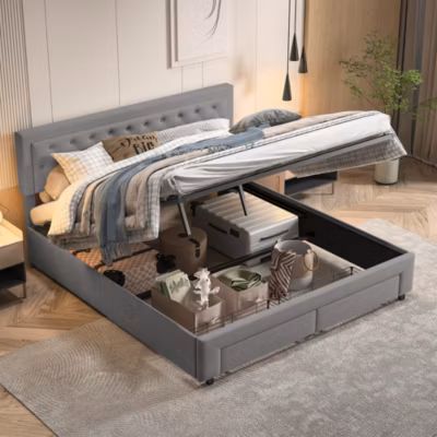 Lit coffre 160×200 avec 2 tiroirs, Lit rembourré avec sommier à lattes, tissu en velours et décoration de boutons, gris