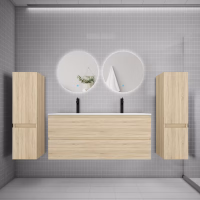 Ensemble meuble de salle de bain et lavabo chêne (L.120cm) 4 tiroirs + meuble haut x2 + lavabo + miroir rond LED x2