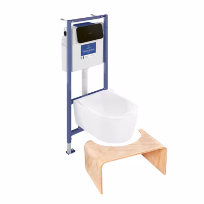 Pack WC sans bride VILLEROY ET BOCH Avento + Bâti support + abattant frein de chute + plaque noir mat  + Tabouret bois