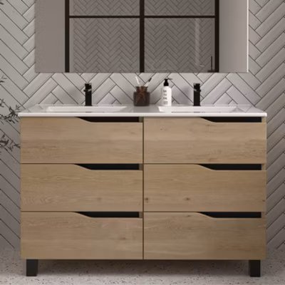 Meuble de salle de bain 120cm double vasque – sans miroir – 6 tiroirs – madera miel (bois clair) – MATA