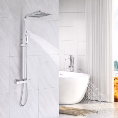 Colonne de Douche Thermostatique, avec Mitigeur Réglable Hauteur, Argentée