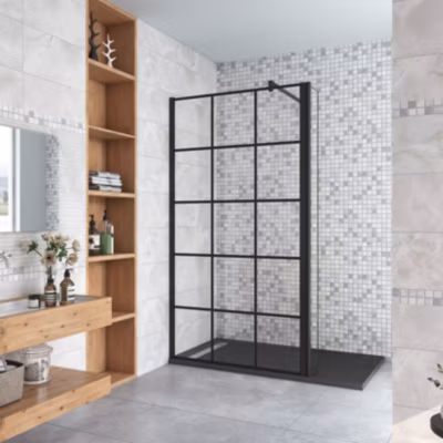 Paroi de douche à l&rsquo;italienne noire 140x200cm + retour pivotant 30cm + 8mm verre anticalcaire + barre de fixation 90cm