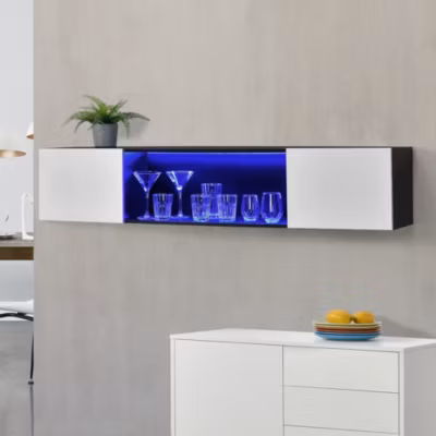 Etagère Murale avec 2 Portes et Eclairage LED Bleu Panneau de Particules 150 x 30 x 30 cm Noir Blanc Brillant en.casa