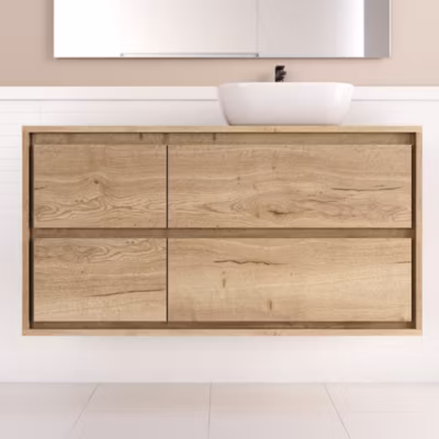 Meuble de salle de bain 120cm avec vasque à poser arrondie – 4 tiroirs – sans miroir – roble sanctuary (chêne clair) – ETIO