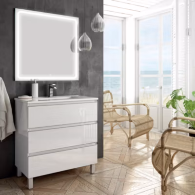 Meuble de salle de bain simple vasque – 3 tiroirs – PALMA et miroir Led VELDI – blanc – 80cm