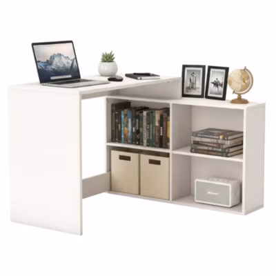 Bureau Kyarr, Pupitre polyvalent, Table de bureau pour PC, Plan de travail, 112×101 h77 cm, Blanc mat