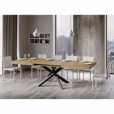 Table extensible 8 à 12 personnes chêne naturel et pieds entrelacés anthracite L 180 à 284 cm Artemis