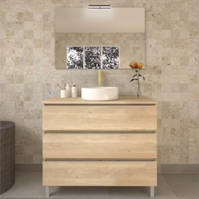 Meuble de salle de bain 3 tiroirs avec vasque à poser ronde et miroir avec applique PALMA – Bambou (chêne clair) – 70cm