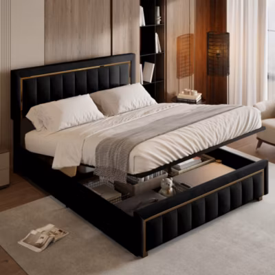 lit double rembourré 140 x 200,lit coffre avec sommier,lit adulte 140 x 200 avec levier hydraulique,velours,noir