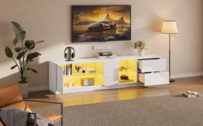 Meubles TV avec Éclairage LED et 2 Tiroirs – Buffet Bas Haut Brillant en MDF et Verre Trempé, Blanc, 160x40x52 cm
