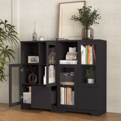 Buffet – Meuble de Rangement Moderne avec Tiroir et Portes en Verre, Buffet en MDF avec Espace ouvert, 65 x 30 x 100 cm, Noir