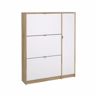 Meuble à chaussures Dtour, Meuble à chaussures, Armoire d&rsquo;entrée polyvalente, 99×24 h124 cm, Chêne et Blanc
