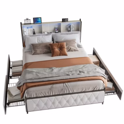 Lit double 160×200 cm velour, LED et charge USB, lit coffre avec 4 tiroirs, grand rangement, capitonné, Beige