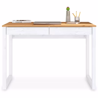 Bureau NOAH 2 tiroirs, en pin massif – Coloris blanc et chêne