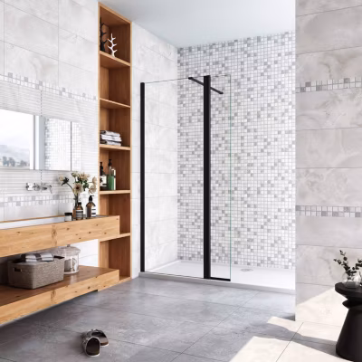 Paroi de douche noir 60 x 200 cm avec volet pivotant à 180 degré  – Verre anticalcaire – 90 cm Barre de stabilisation