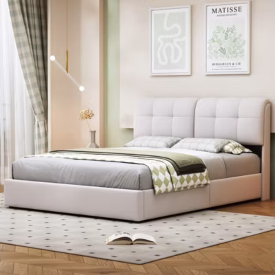 Lit 140×200 avec Sommier LED, lit double avec sommier à lattes et coffre de lit, en velours, Blanc