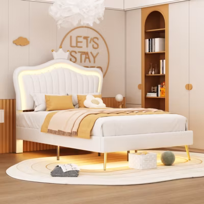 Lit simple 90 sur 200 cm cadre en PU cuir blanc style couronne avec LED sommier et tête de lit matelas non inclus