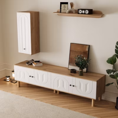 Ensemble Mural TV avec Étagères et Colonnes de Rangement Contemporain, MDF et Panneaux de Particules, 170x40x100 cm, Blanc et Bois