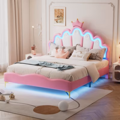 Lit 140×200 cm avec tête de lit en forme de couronne, tapissé PU rose avec éclairage LED et hauteur réglable