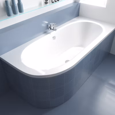Baignoire asymétrique 150 x 75 Droite AVITA acrylique blanc + Habillage en polystyrène + Pieds + Vidage à chromé