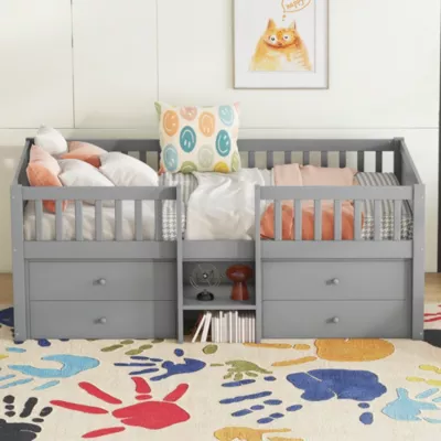 Lit 90×200 cm avec 4 tiroirs, garde corps et echelle, cadre en pin et MDF, style minimaliste gris