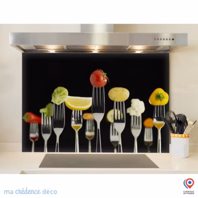 Crédence cuisine fond de hotte fourchettes et aliments 2 – Alu composite – L 90 cm x H 50 cm – MaCrédenceDéco