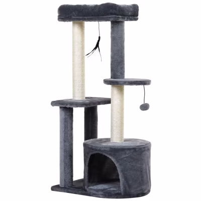 Arbre à chats avec griffoirs grattoirs sisal naturel centre d&rsquo;activités niche plateformes 2 jouets suspendus gris