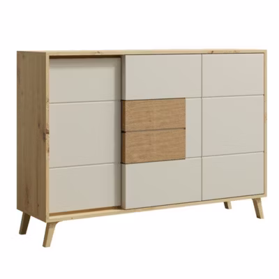 Buffet Commode 2 Portes 3 Tiroirs 130×89 Cm En Bois Clair Design Intemporel Blanc