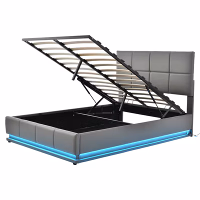 Lit 140×200 Cm Avec LED, Tête Relevable, Sommier Lattes, Rangement, Pu Capitonné, Gris