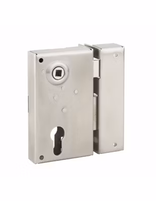 Boitier de serrure verticale en applique double entrée à fouillot pour portail, droite, axe 45mm, 73x125mm, inox – THIRARD