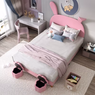 Lit enfant 140×200 cm – Lit capitonné déco avec 2 tabourets de rangement et éclairage LED – Velours – Rose