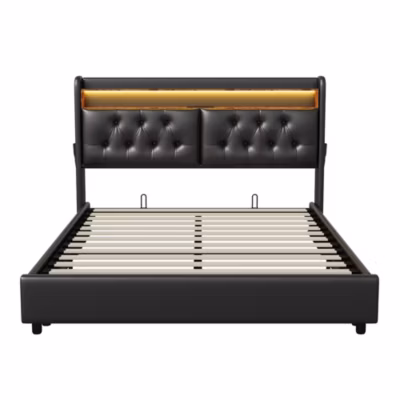 Lit 180×200 cm, LED, port USB, coffre de rangement, tête de lit, sommier à lattes, PU noir (2 personnes).