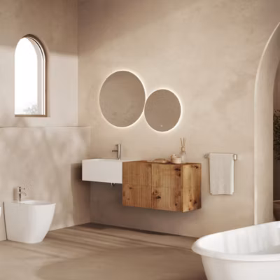 Meuble De Salle De Bains Suspendu 140Cm Lavabo En Résine, 4 Tiroirs Chêne Doré 2 Miroirs – Rodi