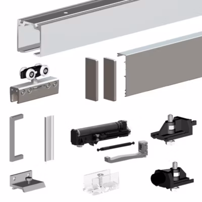 Pack premium SLID&rsquo;UP 190 pour porte en verre coulissante – rail 1,94 m – 100 kg – argent