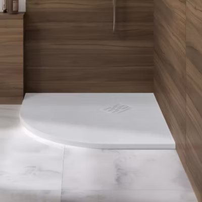 Receveur de douche Kinedo Kinerock Evo 90×90 1/4RD blanc, texture minérale avec grille assortie et bonde extra-plate