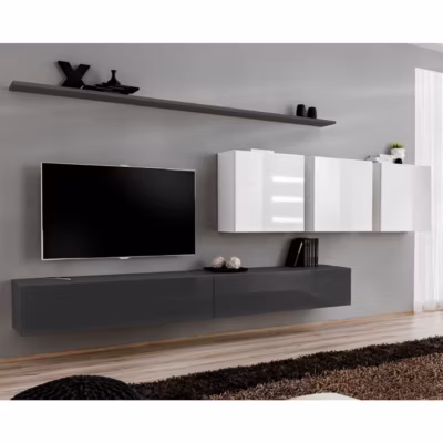 Meuble TV Mural Design « Switch VII » 340cm Gris & Blanc