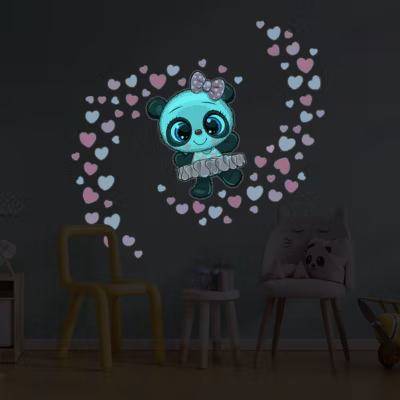 Sticker phosphorescent lumineux – PANDA BALLERINE ET 70 CŒURS – Autocollant mural plafond enfant fluorescent – 70x70cm