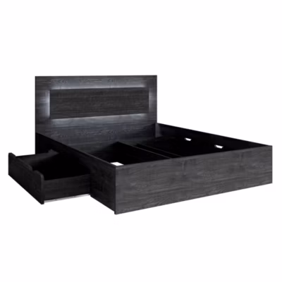 Lit VELTIS 160×200 cm avec tete de lit LED  Coloris frene noir  Structure moderne sans sommier