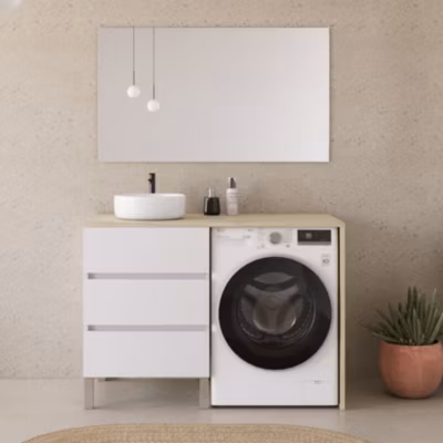 Meuble lave linge 124cm avec plateau nebraska et vasque ronde – 3 tiroirs – blanc/nebraska (chêne clair) – CRUZ