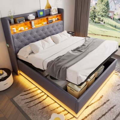 Lit Coffre 160×200 cm LED avec Port USB et Rangement Hydraulique, Lit Double Capitonné en Tissu Lin – Gris – Sans Matelas