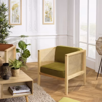 ALBANE – Fauteuil cannage assise amovible velours vert