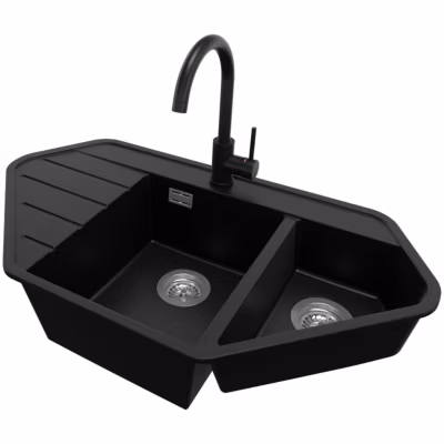 PRIMAGRAN Evier d&rsquo;angle en Granit Noir 90x50cm, Lavabo Cuisine 1,5 bacs + Accessoires, Évier à Encastrer au meuble 80cm