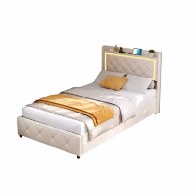 Lit Simple 90x200cm Avec Rangement, Éclairage LED, Ports USB Et Type-c, Tissu Velours, Beige