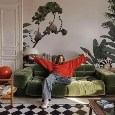 Papier peint panoramique et jungle avec lémuriens sur arbres – 85×260 cm (l x h)