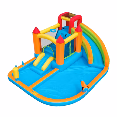 Château gonflable avec souffleur – toboggan, trampoline, pistolet à eau, 2 piscines, sec/humide