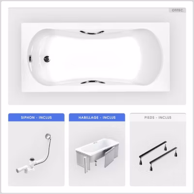 Baignoire rectangulaire – 130 x 70 cm – avec Habillage – Pieds – Poignées – Vidage Chrome – ARIA PLUS