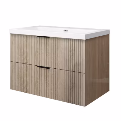 Meuble de salle de bain suspendu 80 cm, 2 tiroirs, avec vasque blanche,MDF chêne brillant