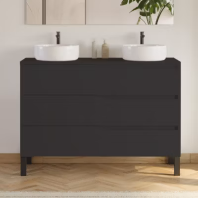 Meuble de salle de bain 120cm avec plateau et 2 vasques à poser Ares – 3 tiroirs – sans miroir – noir – MATA
